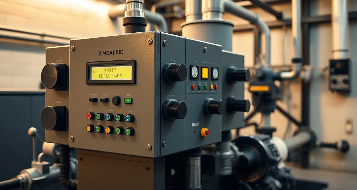 ATU Equipment Digital Control Interface Aerobic treatment unit control panel displaying digital monitoring system with float switches, pump controls, and alarm indicators for septic system management.
