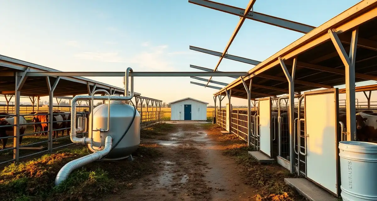 Septic compliance infrastructure for agricultural buildings Modern agricultural barn with compliant septic system and worker sanitation facilities meeting OSHA requirements