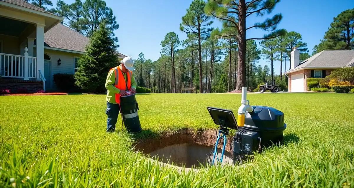 Septic tank inspection for Alabama regulatory compliance Alabama septic system inspection showing technician examining tank compliance with state regulations and ADEM requirements