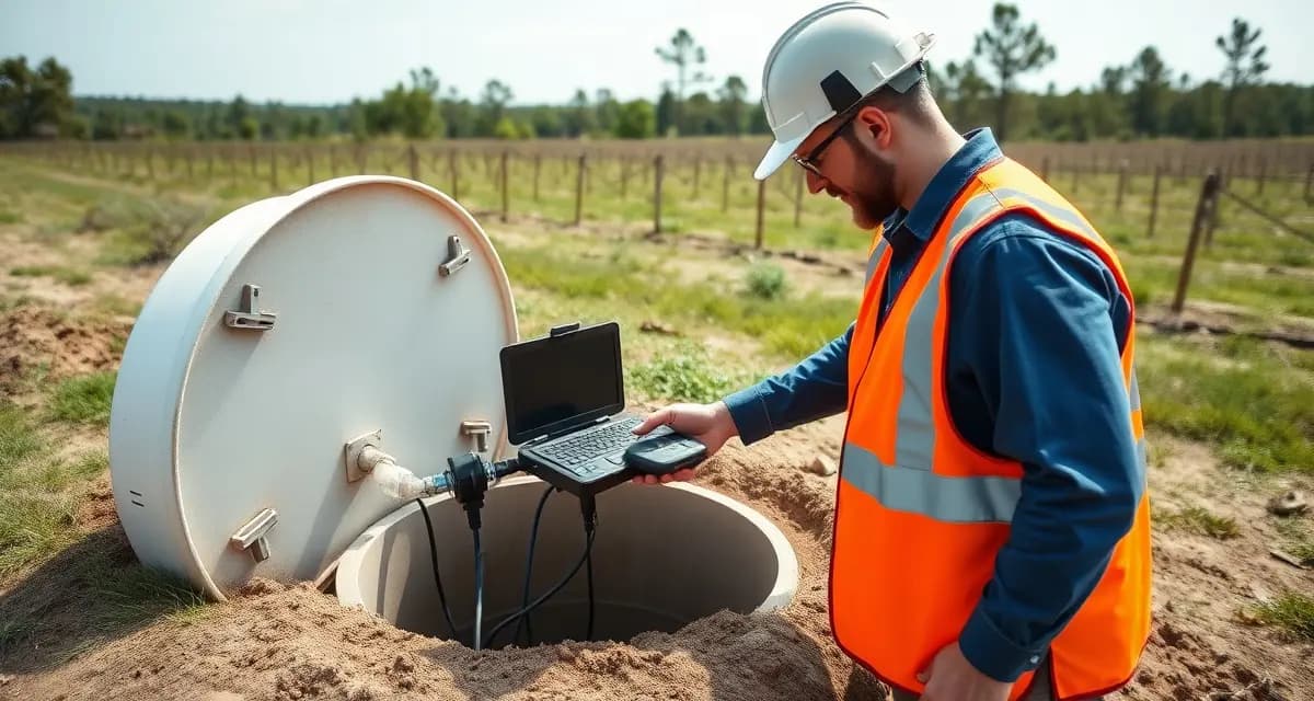 Septic inspection technician working on Arkansas residential system Professional septic system inspection in Arkansas with technician using diagnostic equipment on residential onsite wastewater system