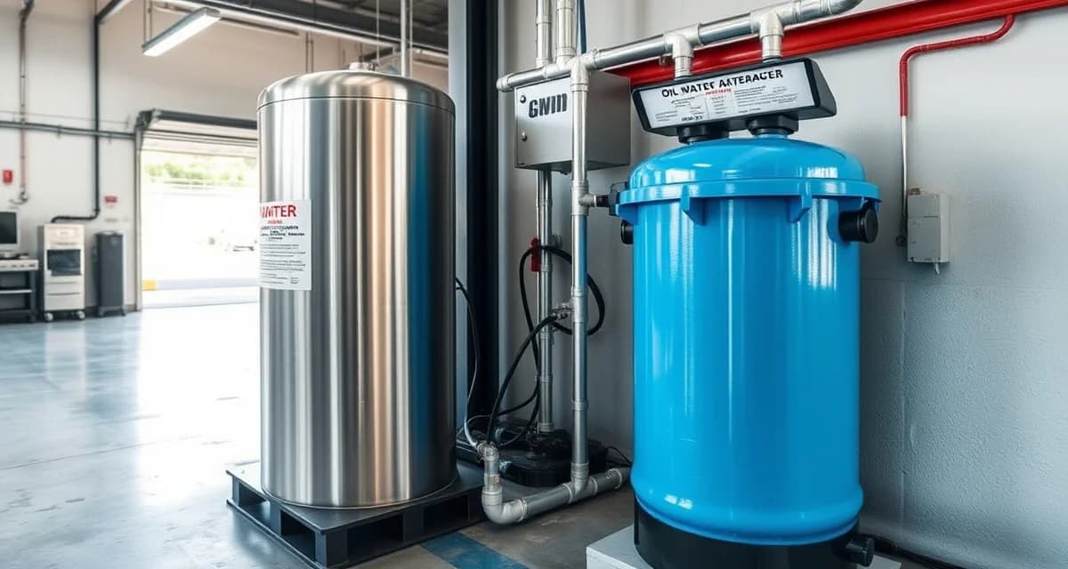 Petroleum pretreatment equipment for automotive service facilities Oil-water separator pretreatment system installed at an auto repair shop for septic system compliance and petroleum contamination removal.