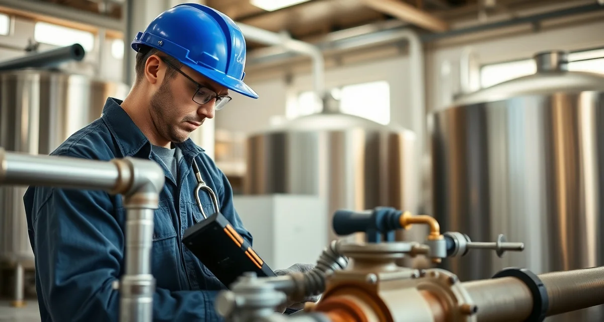 Brewery septic system inspection by certified technician Professional septic system inspection specialist examining wastewater treatment equipment at craft brewery facility with specialized diagnostic tools