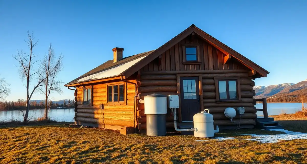 Cabin septic winterization and seasonal maintenance Seasonal cabin property with properly winterized septic system visible near foundation, showing professional maintenance setup for freeze protection.