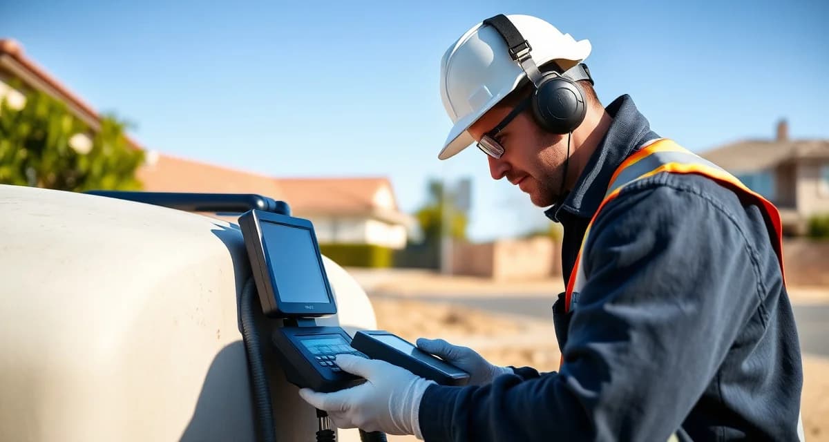 California septic service software for contractors Septic system inspector performing routine maintenance on California residential septic tank with professional diagnostic tools