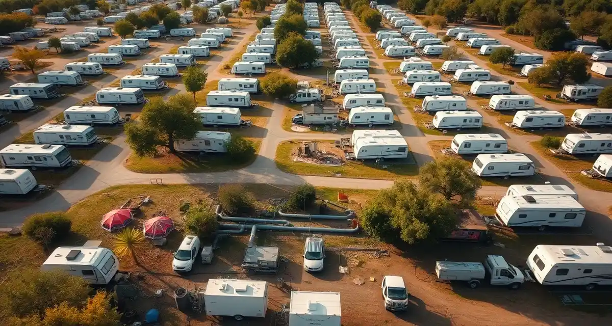 Commercial septic management for high-capacity campgrounds Aerial view of campground septic system infrastructure managing multiple RV sites during peak season operations