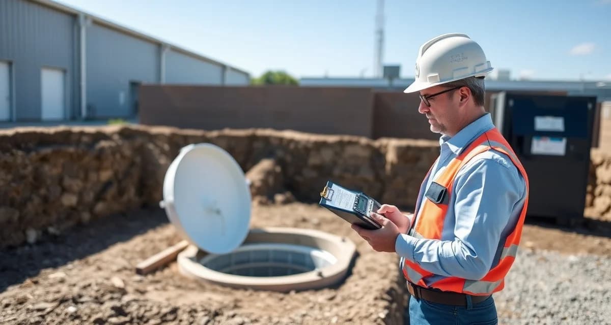 Expert Commercial Septic Inspection Process Commercial septic system inspection with professional technician documenting compliance requirements and system documentation