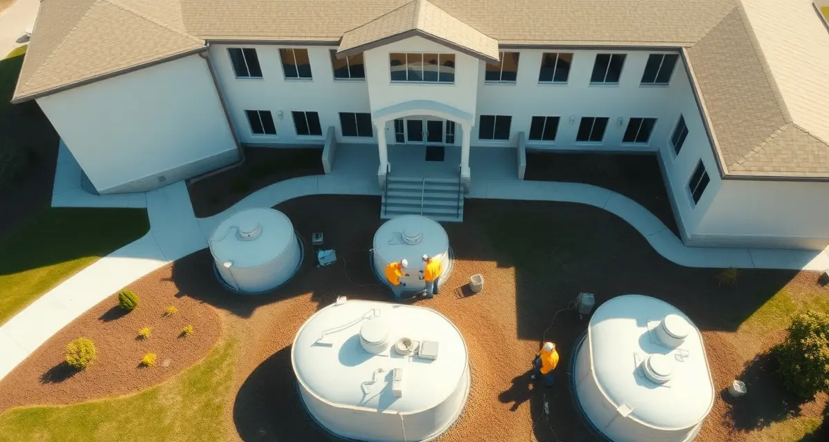 Septic maintenance for public facilities Professional septic system inspection at community center facility with trained technician examining tank during pre-season maintenance service.