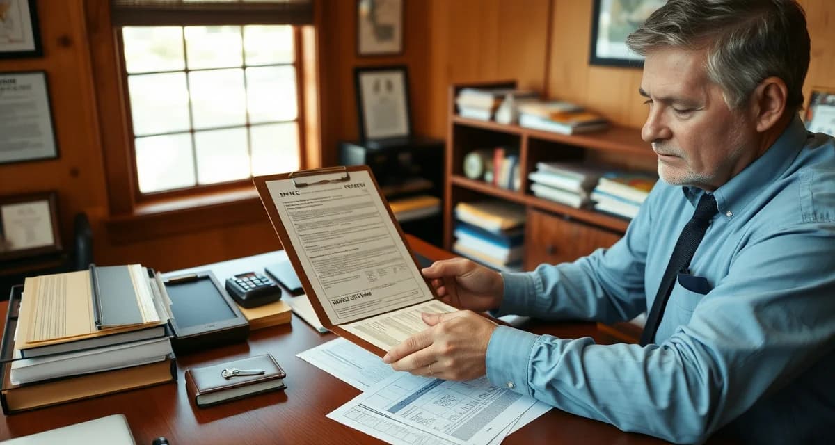 County Permit Compliance Documentation Process Septic system inspector reviewing county permit requirements and documentation at desk with compliance forms