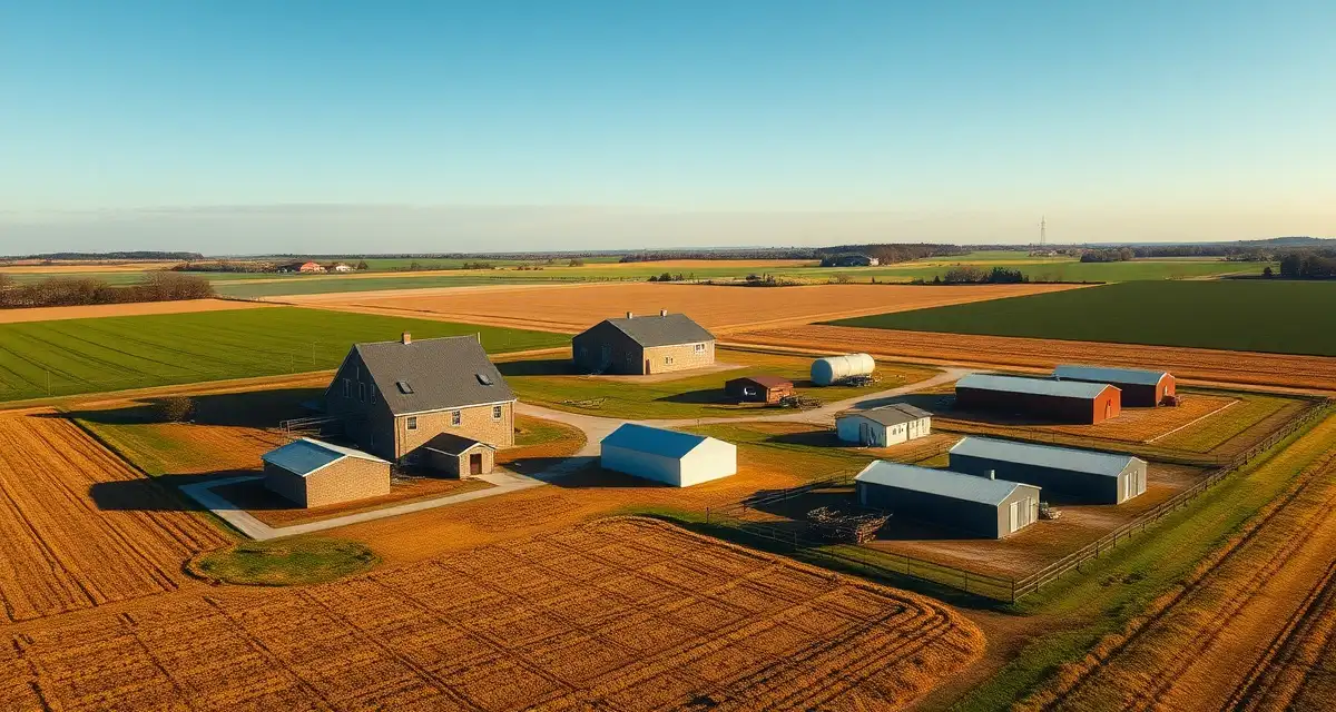 Multi-system septic management for crop farms Aerial view of crop farm with multiple septic systems serving farmhouse, worker housing, and agricultural facilities