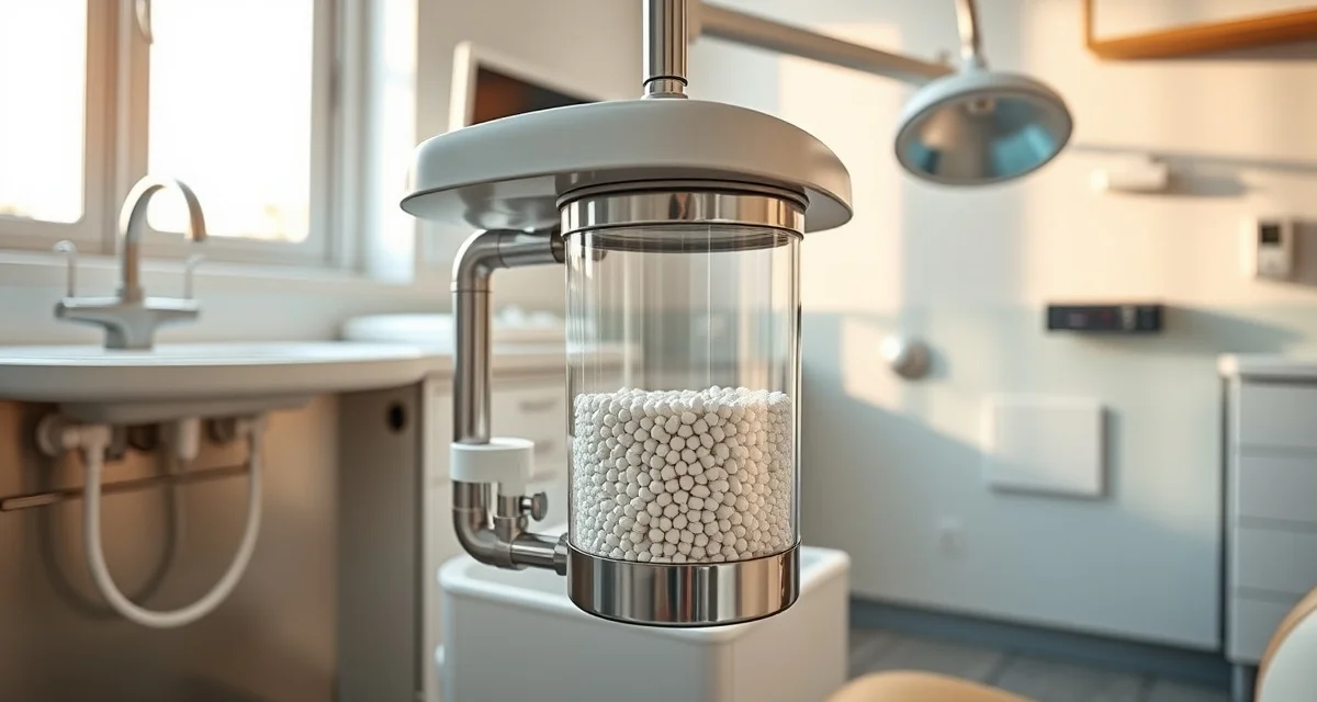 Dental amalgam separator for septic system pretreatment Amalgam separator equipment installed beneath dental office sink for mercury waste capture and septic system compliance.