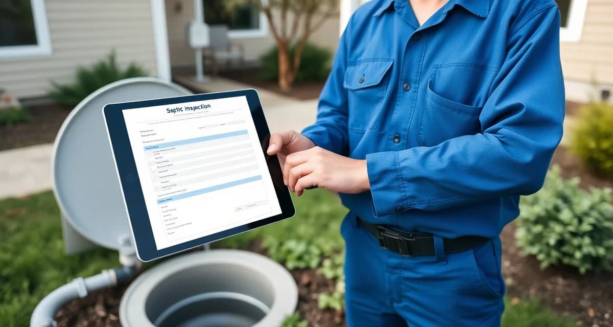 Field-ready digital septic inspection technology Septic system technician using digital inspection forms on tablet device at residential property