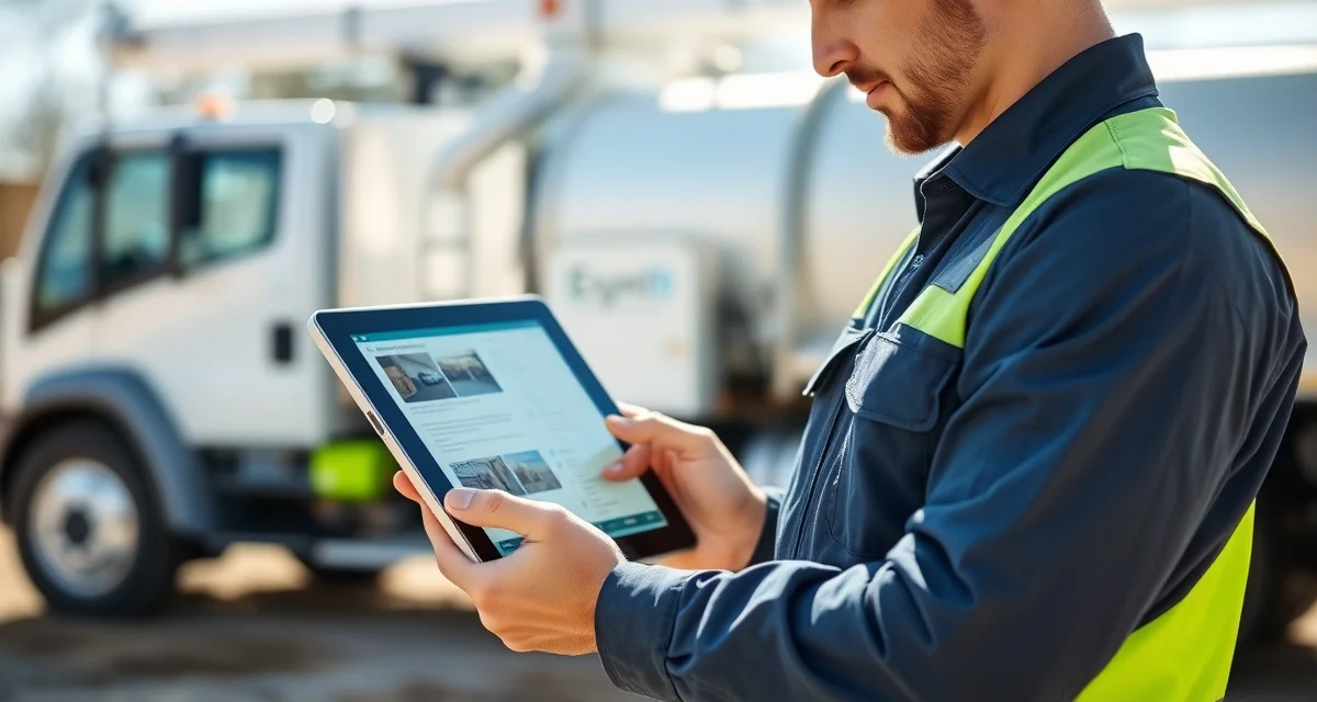 Modern digital septic inspection reporting workflow Septic technician using digital tablet to generate inspection reports on-site with hydraulic load test equipment visible