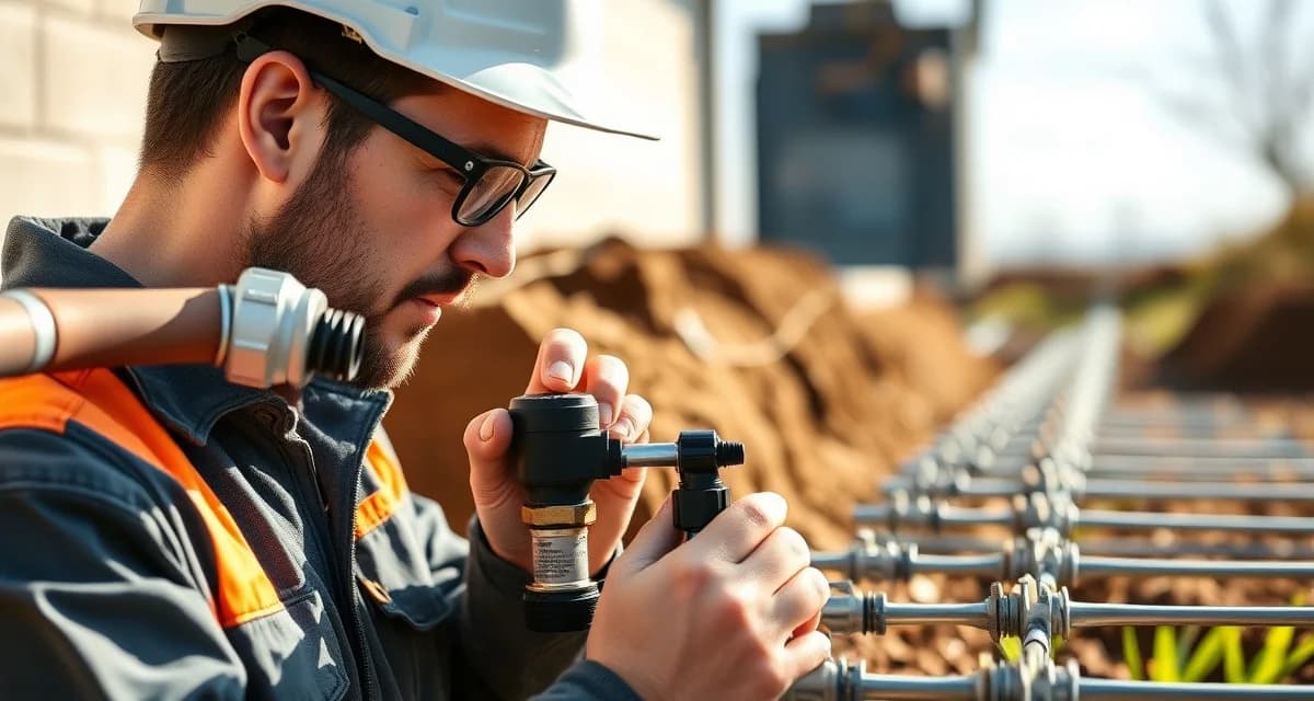 Professional drip septic system inspection process Septic technician performing drip irrigation system inspection checklist on dispersal field components and filter maintenance