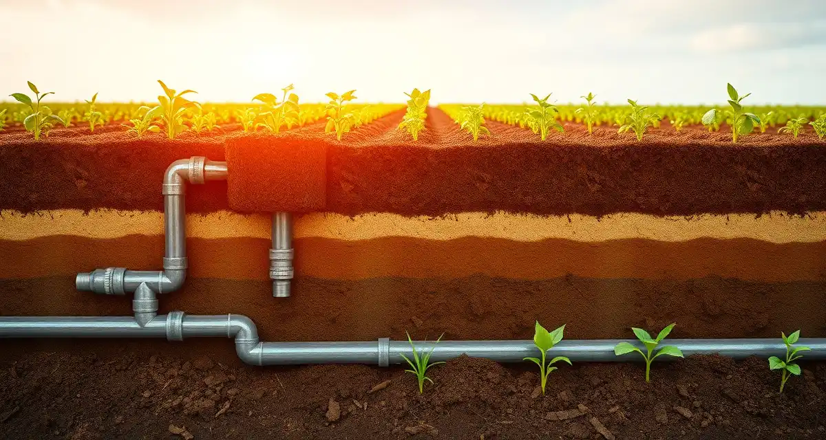 Modern drip system dispersal field visualization Drip irrigation septic system underground piping network showing low-pressure distribution in soil layers for alternative wastewater dispersal