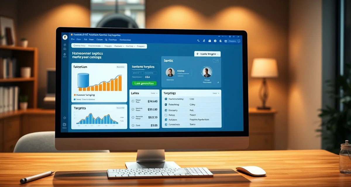 Septic company Facebook ads strategy dashboard Facebook advertising dashboard with targeting options and lead metrics for septic company marketing campaigns