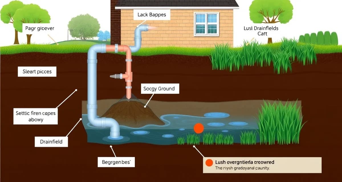 Septic System Failure Warning Signs Illustration Diagram showing signs of a failing septic system including sewage backup, wet ground, and lush grass over drainfield area.