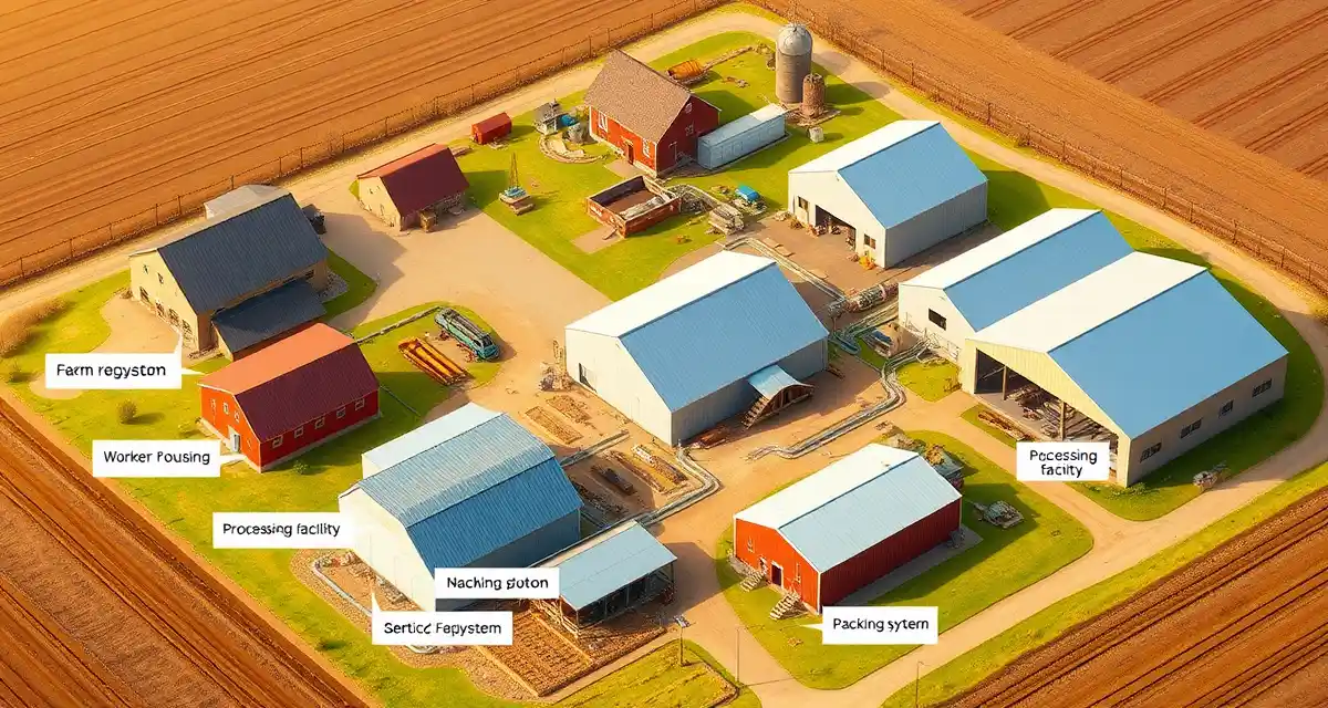 Agricultural septic system infrastructure overview Multiple septic systems serving different farm buildings including farmhouse, worker housing, and processing facility