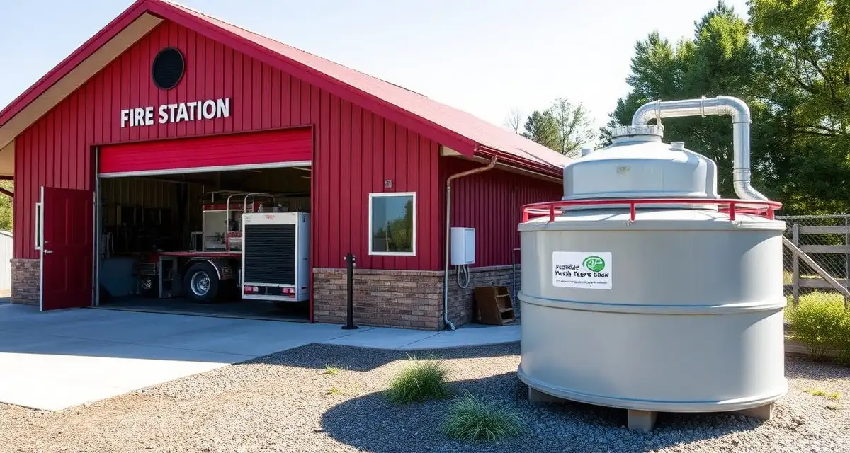 Fire Station Septic Infrastructure Management Rural fire station septic system inspection and maintenance equipment showing grease interceptor tank installation for proper wastewater management