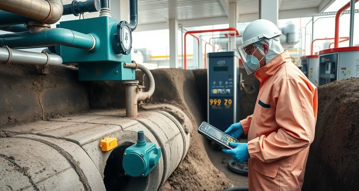 Professional septic inspection for gas station UST compliance Septic system inspection technician examining underground storage tank at gas station to prevent petroleum contamination and ensure EPA UST compliance