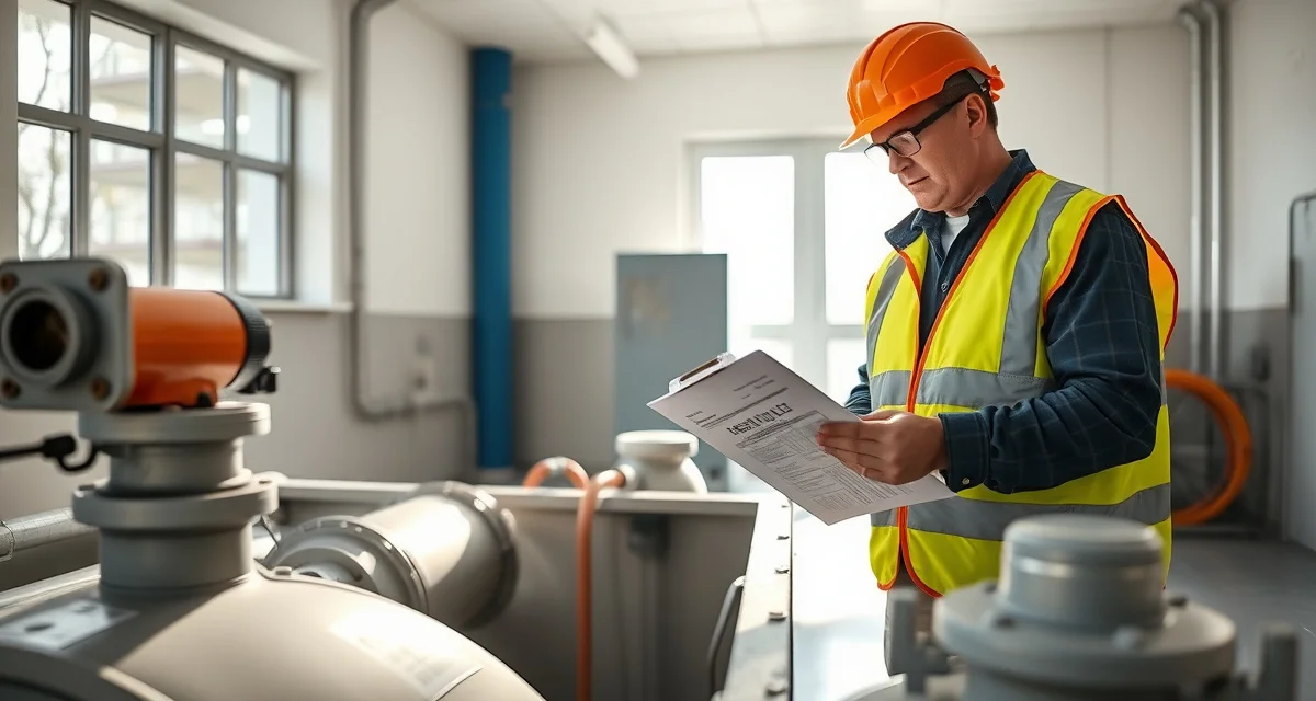 Professional septic service inspection for group homes Septic system inspection at group home facility with technician reviewing compliance documentation and regulatory requirements