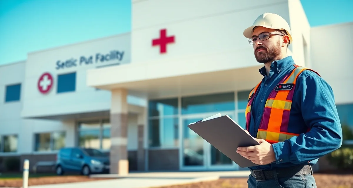 Professional septic compliance inspection at medical facility Septic system inspector conducting compliance inspection at healthcare facility with documentation clipboard