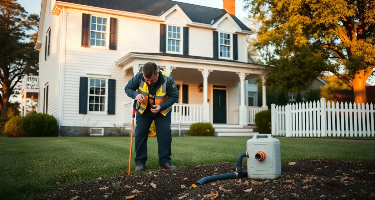Expert septic service for historic buildings and National Register properties Septic technician performing inspection and maintenance service on historic property foundation with professional equipment