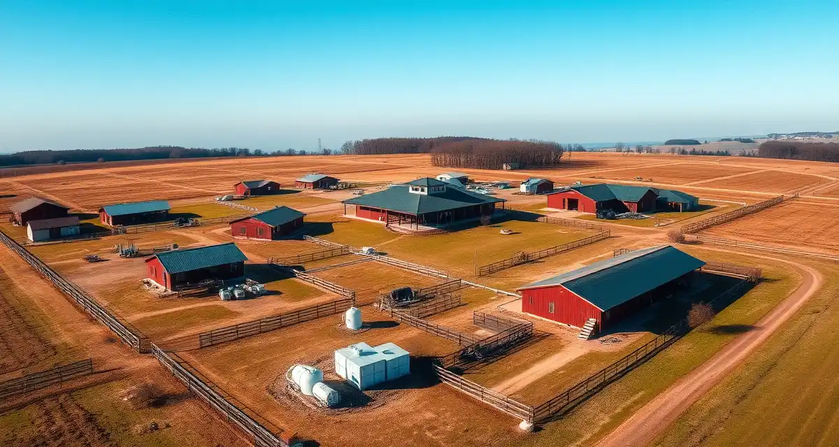 Multiple septic systems on equestrian property Aerial view of horse farm property showing multiple buildings requiring separate septic systems for residence, barn, and worker housing structures.