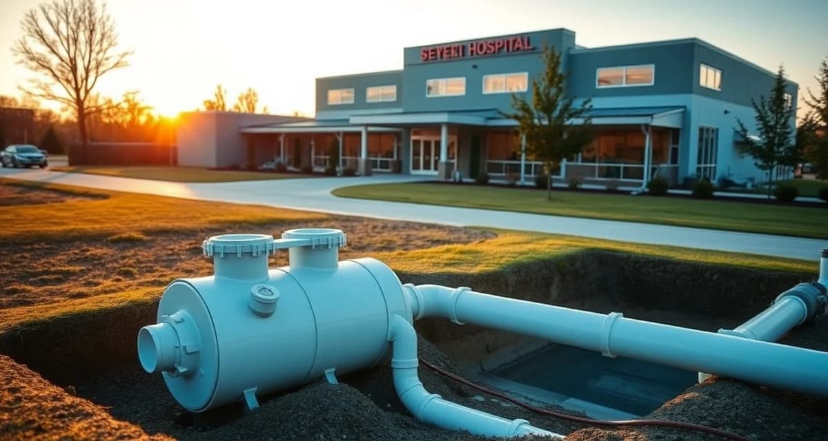 Hospital septic tank inspection and maintenance Rural hospital septic system inspection access point showing underground tank infrastructure for medical facility waste management.