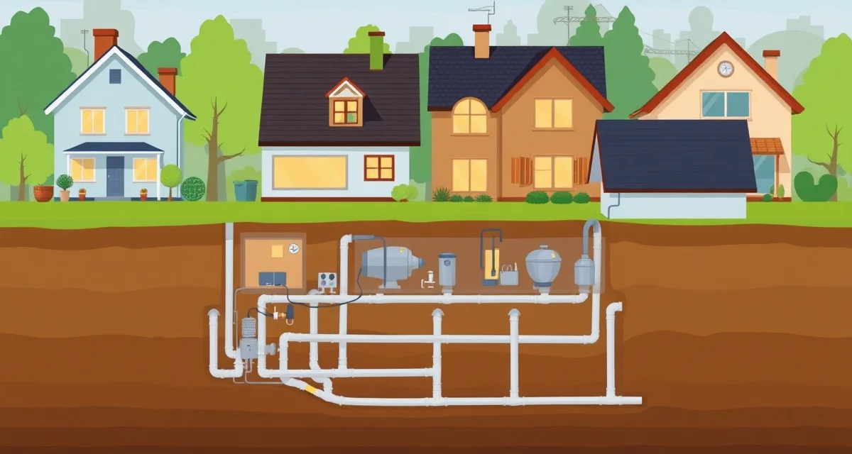 Shared septic system for housing cooperatives Housing cooperative septic system infrastructure showing multiple homes connected to shared septic management network