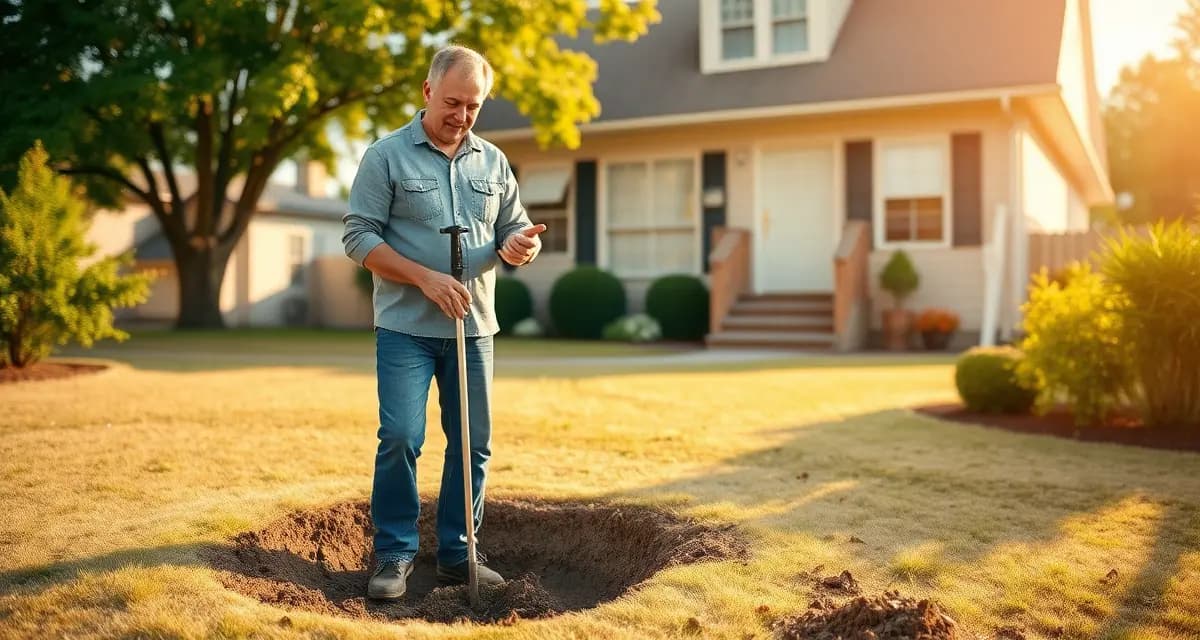Finding your septic tank location guide Homeowner using a soil probe to locate septic tank position in residential yard with house visible in background
