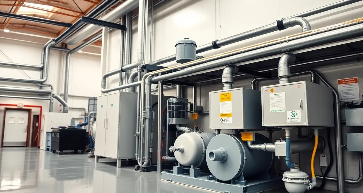 EPA pretreatment system for industrial septic compliance Industrial septic system pretreatment setup showing EPA compliance equipment and infrastructure for small factory facilities.