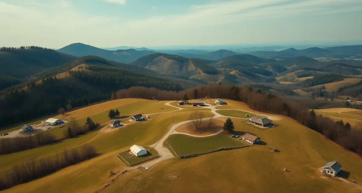 Kentucky septic system landscape and service area Rural Kentucky landscape showing homes relying on septic systems with mountainous terrain, illustrating septic service software needs