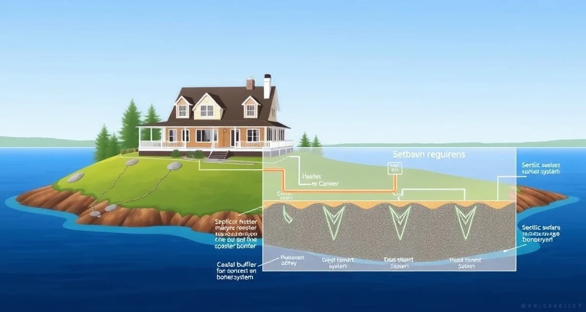 Septic system design requirements for Maine lakefront properties Maine lakefront septic system showing shoreland zoning setback requirements and coastal buffer zone regulations for compliant installation.