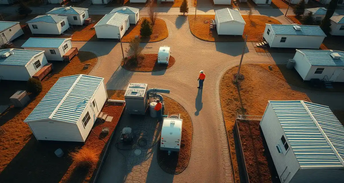 Professional septic inspection at manufactured home park Septic system inspection technician examining manufactured home park community septic infrastructure with diagnostic equipment