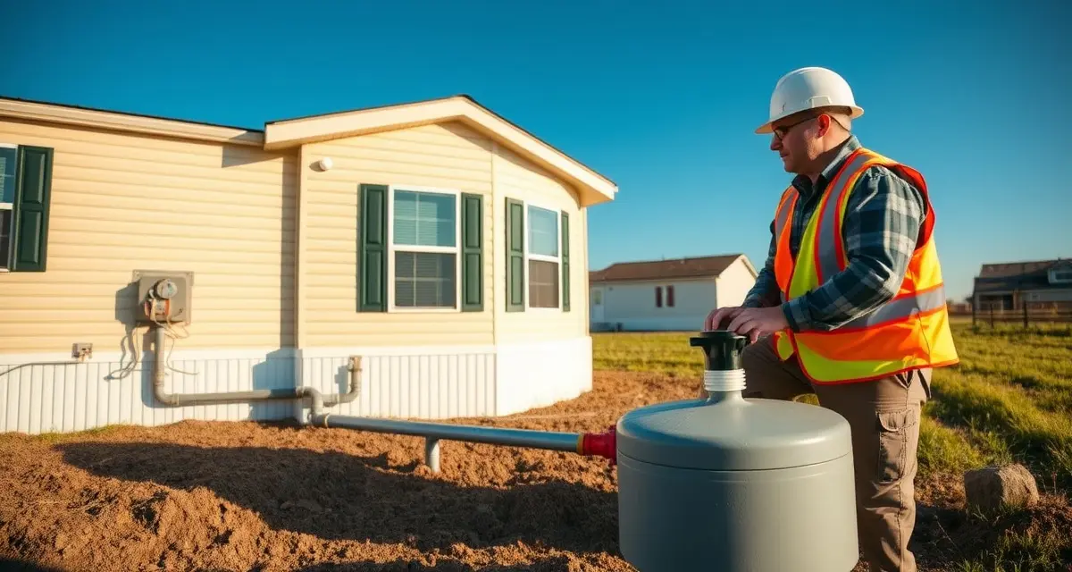 Professional septic inspection for manufactured homes Septic system inspector performing maintenance inspection on manufactured home septic tank installation