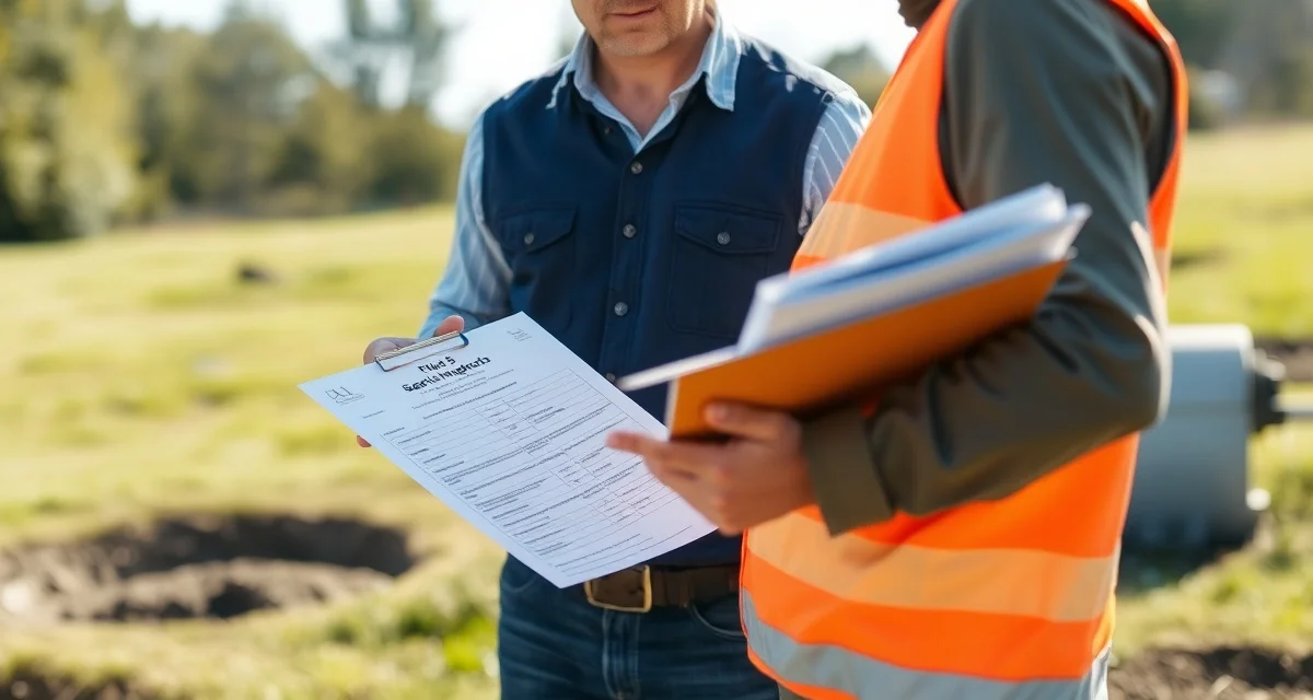 Title 5 Septic Inspection Compliance Process Massachusetts Title 5 septic inspection report compliance documentation being reviewed by licensed inspector in the field