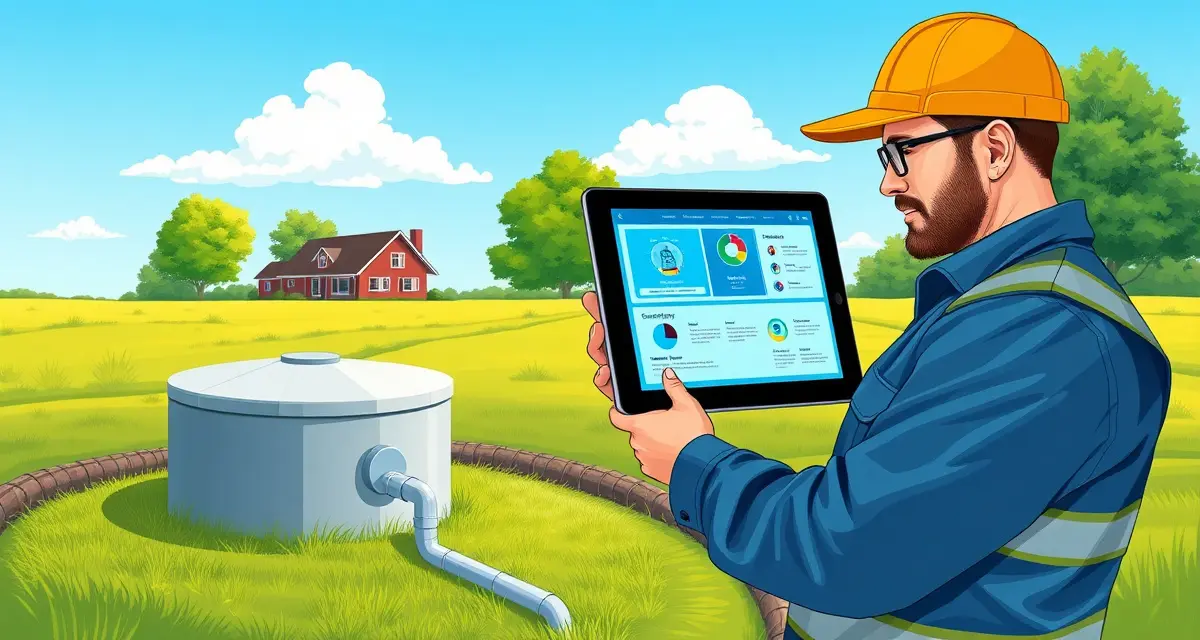 Digital septic system management for Michigan operators Septic service technician using SepticMind software to inspect and manage septic systems in Michigan on mobile device