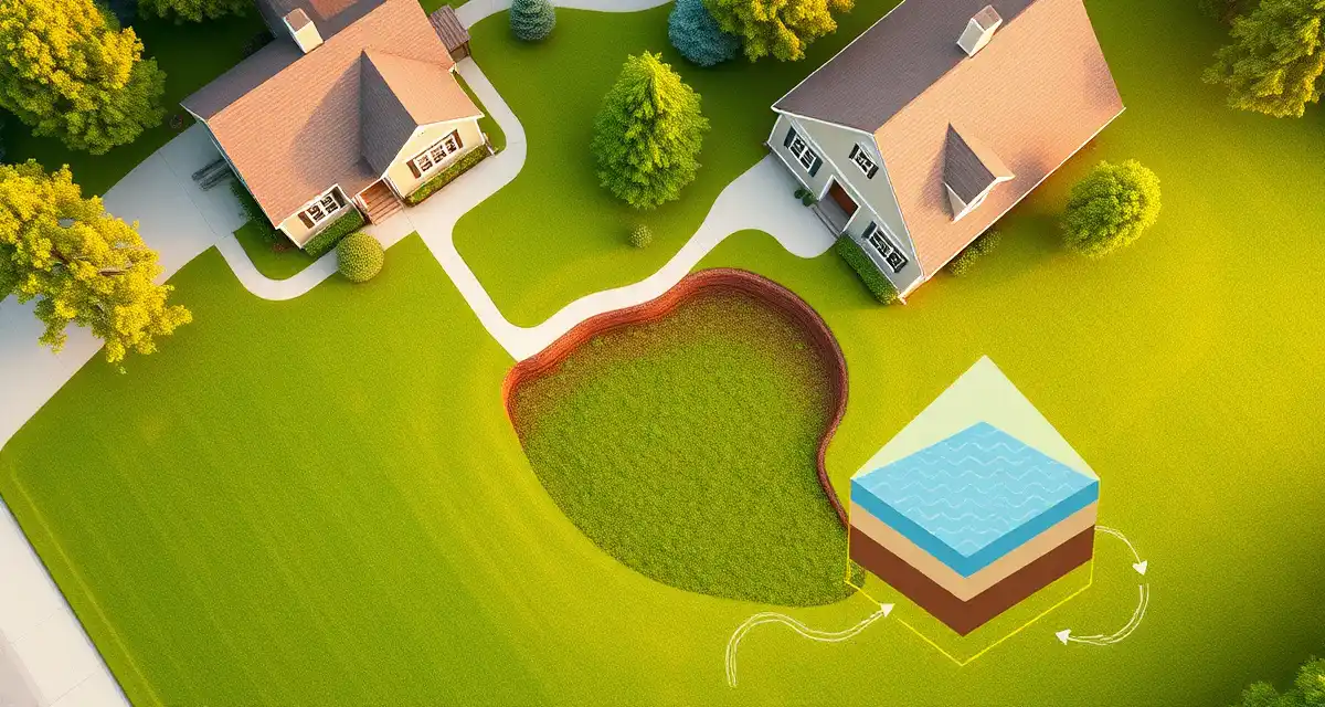 Midwest septic system regulatory compliance overview Aerial diagram of Midwest onsite wastewater management system showing septic tank and drainage field infrastructure for residential properties.