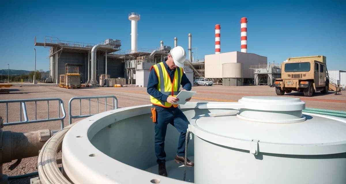 DOD septic compliance inspection procedures Military facility septic system inspection showing technician performing compliance checks on underground tank