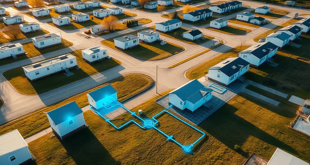 Professional septic management for mobile home parks Aerial view of mobile home park septic system infrastructure and compliance management with underground utility lines visible