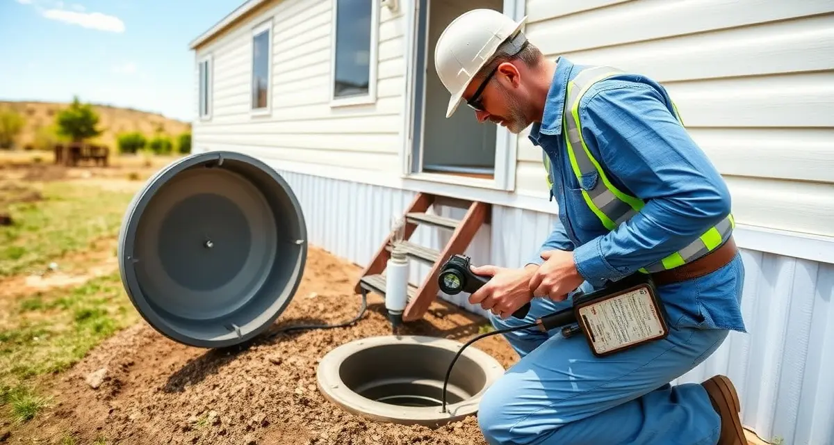 Mobile home septic tank inspection process Professional septic system inspector examining a mobile home septic tank during routine inspection and maintenance service
