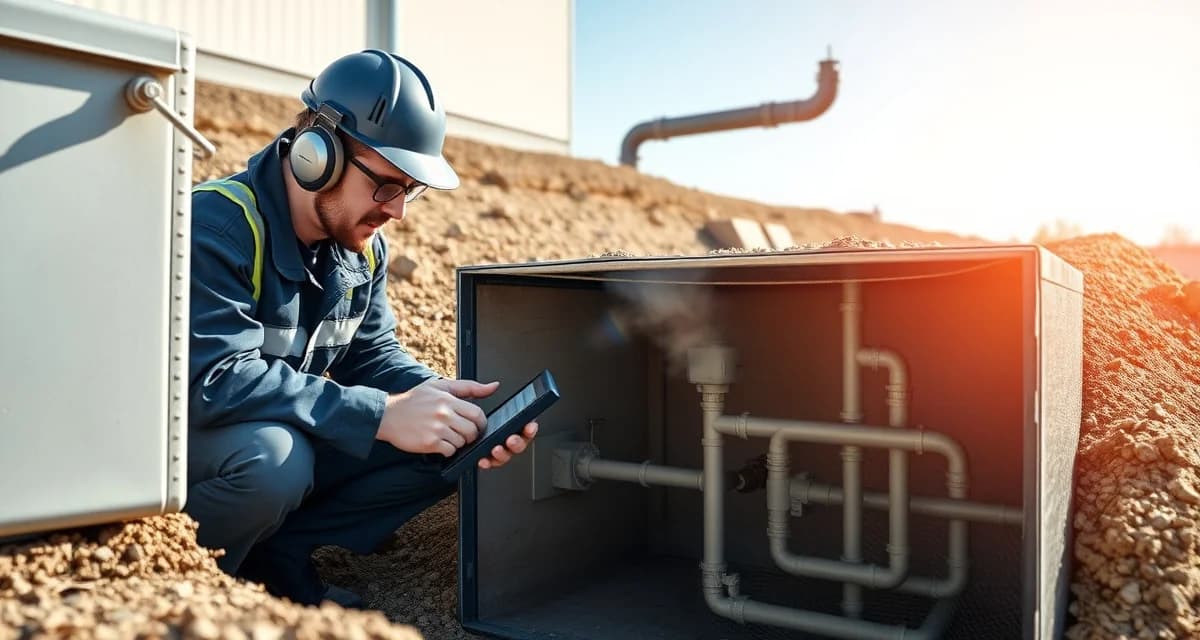 Mound system inspection checklist guide Technician performing mound septic system pump chamber inspection with diagnostic equipment during routine service maintenance