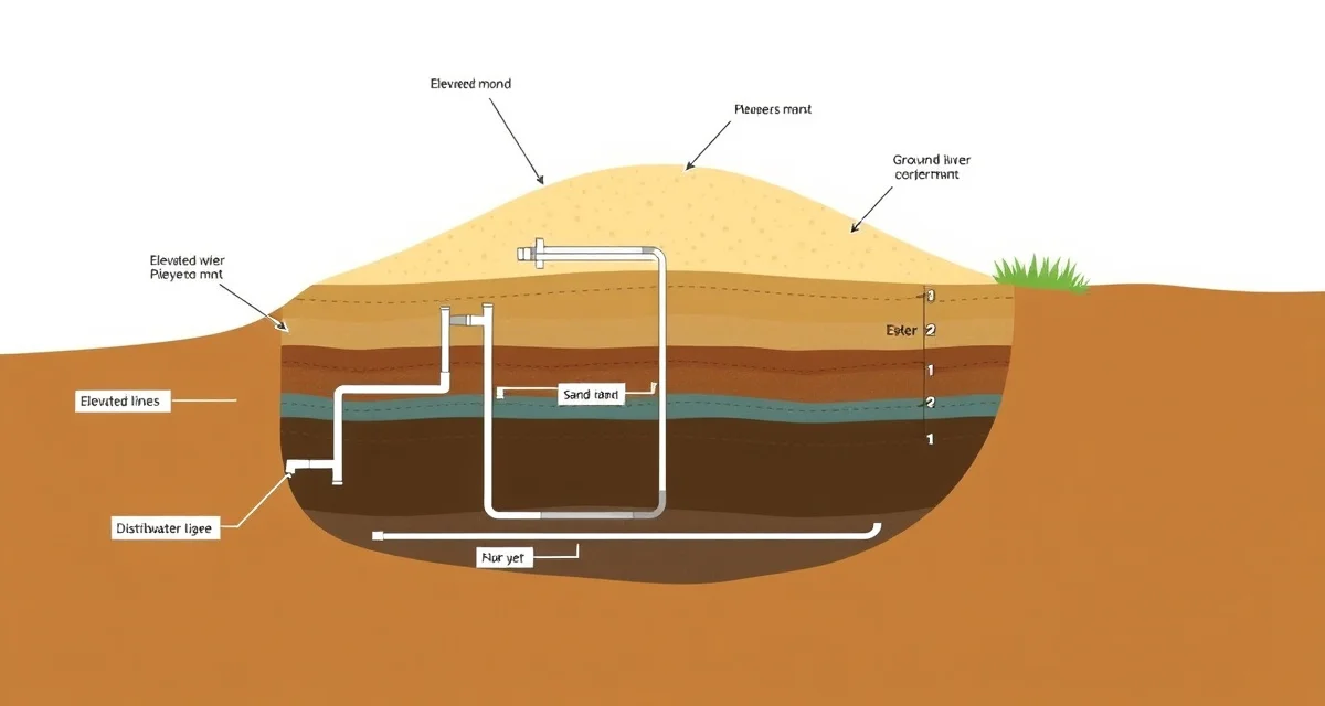 Mound system septic installation cross-section Cross-section diagram of a mound septic system showing elevated sand mound design for high water table properties and difficult installation sites.