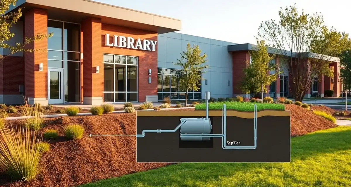Septic system compliance for public library buildings Municipal library building with septic system compliance infrastructure and underground drainage field diagram for public facility management