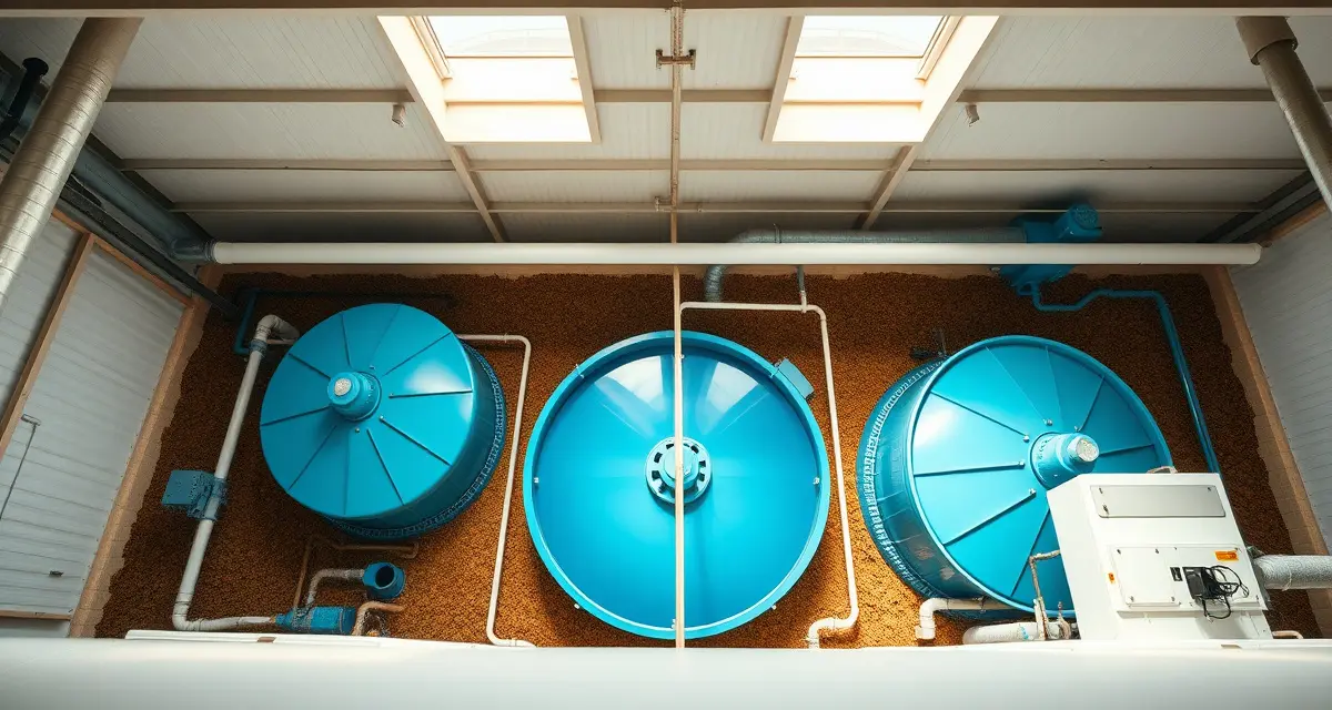 Specialized septic infrastructure for agricultural wastewater Industrial septic treatment system designed for mushroom farm wastewater management with high BOD filtration capacity