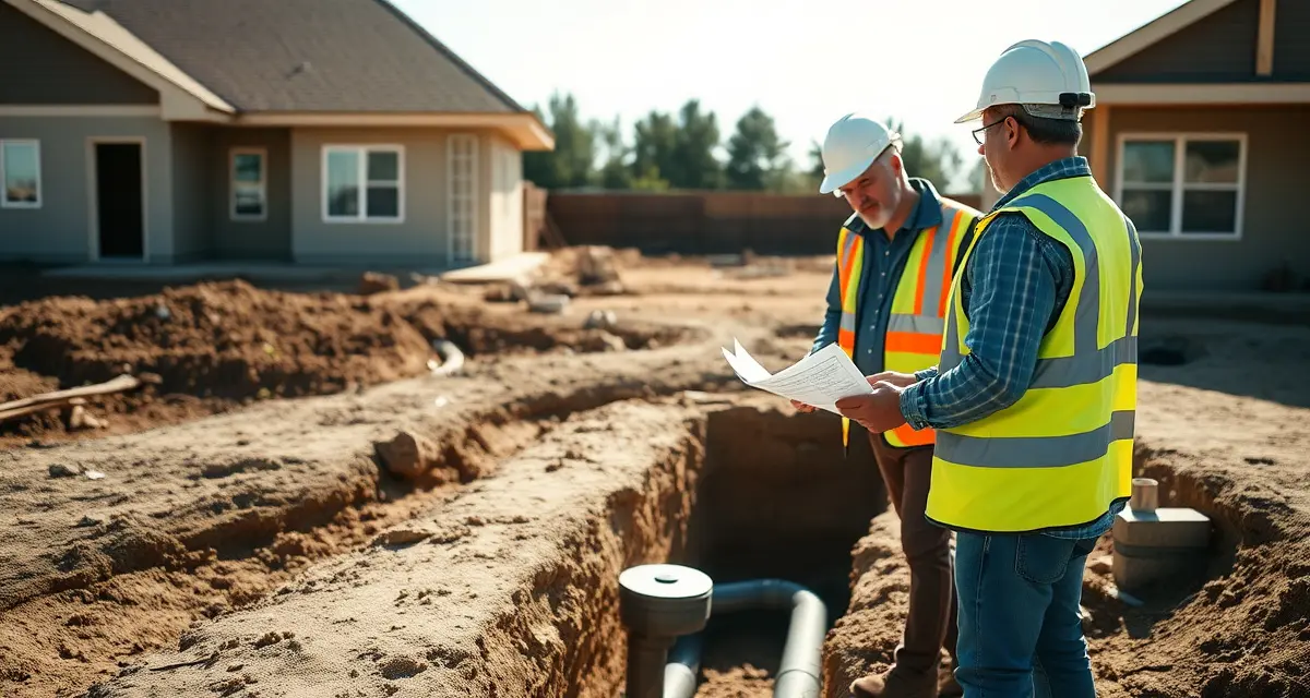 Septic inspection milestone for new construction Builder and inspector conducting septic system inspection at new construction home site with technical documentation