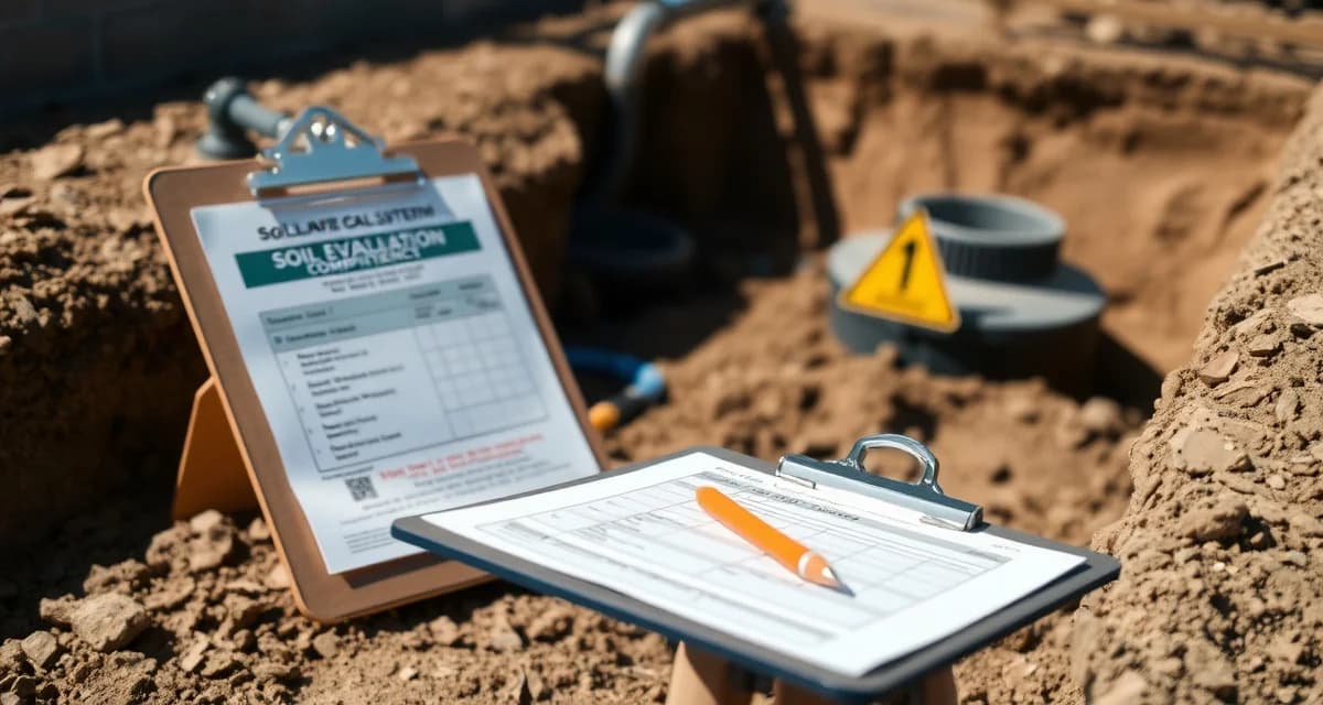 New construction septic compliance and installation process Septic system installation site during new construction with soil evaluation and permit documentation in process