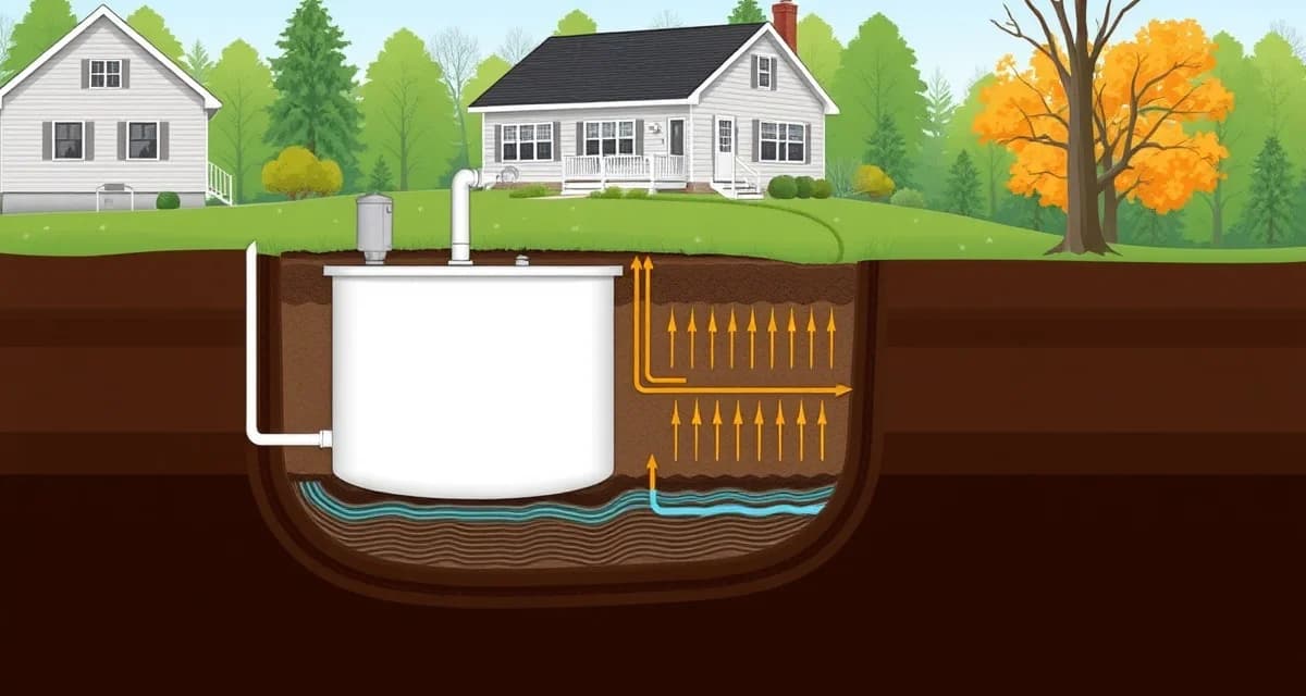 Septic system regulatory compliance illustration Diagram of onsite septic wastewater system installation showing tank and drain field configuration for Northeast residential compliance