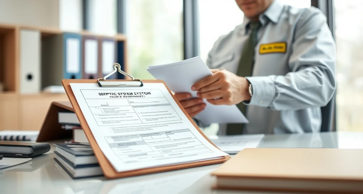 HSTS compliance documentation review Ohio septic system inspector reviewing ORC 3718 regulations and household sewage treatment system compliance documentation at county health department office.