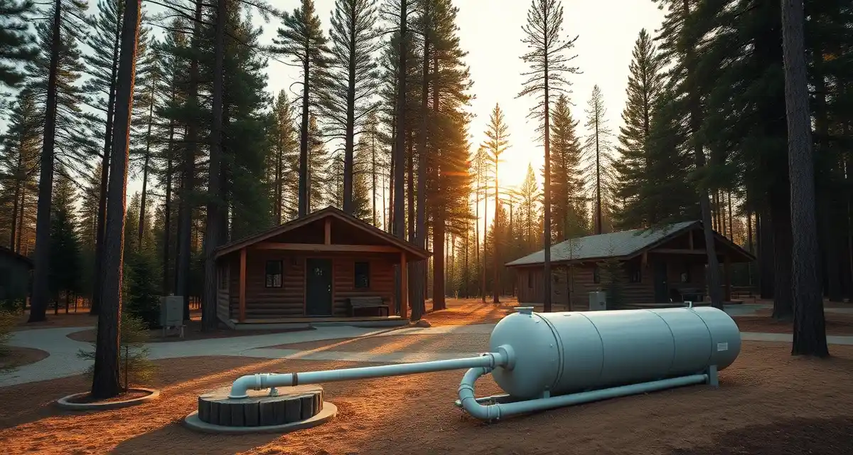 Septic system management for recreation facilities Outdoor recreation center restroom building with septic system installation surrounded by forest trees and natural landscape